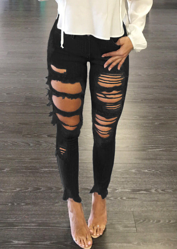 

Frayed Hem Hollow Out Pants - Black, 517967