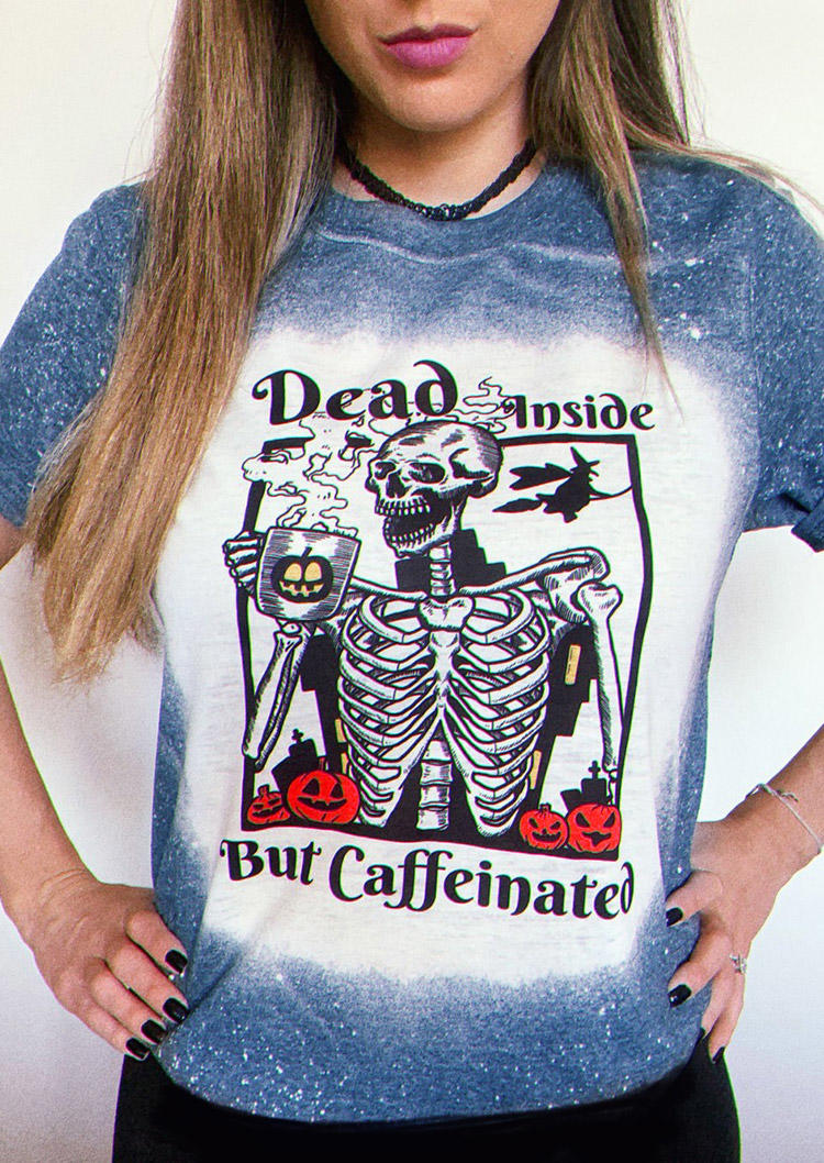 Buy Dead Inside Pumpkin Skeleton T-Shirt Tee - Blue. Picture