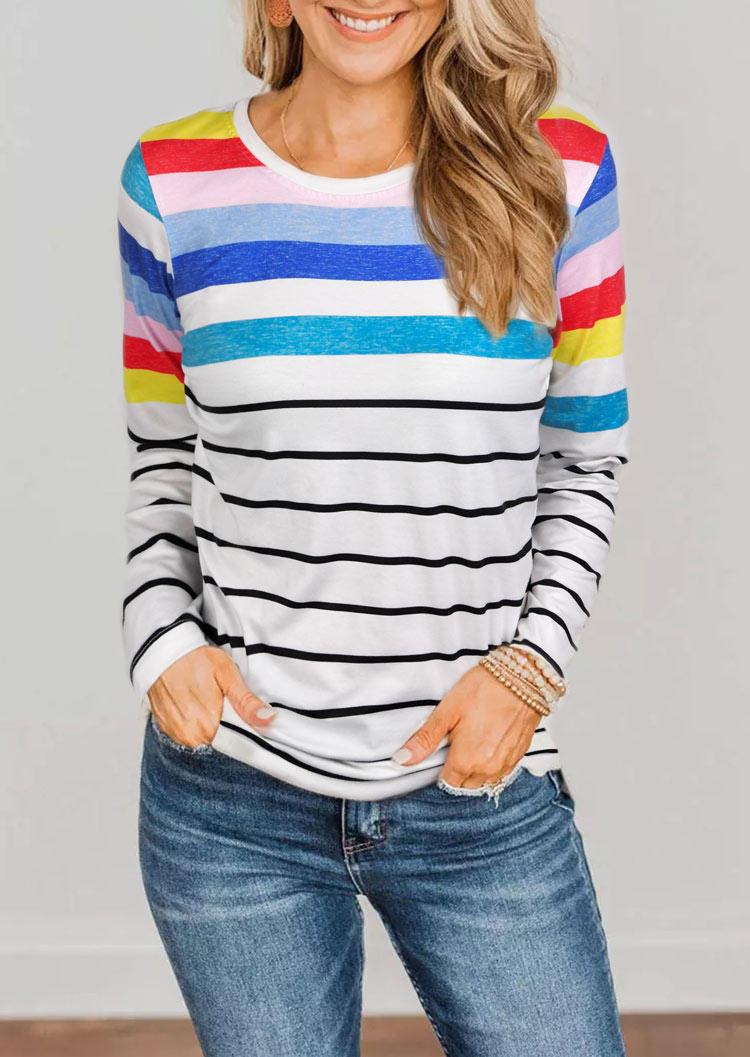 

Colorful Striped Long Sleeve Blouse, Multicolor, 517983