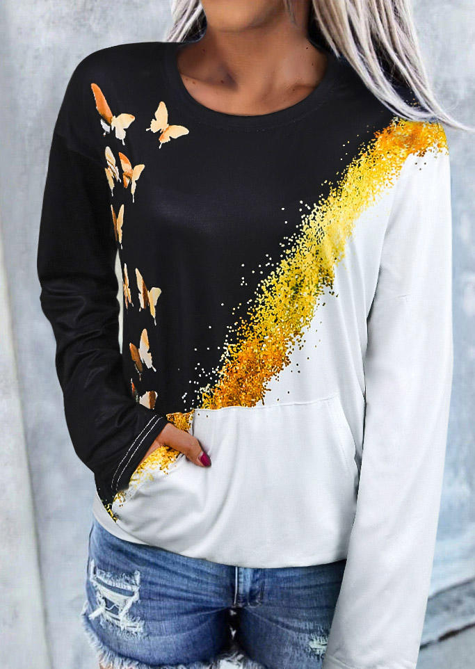

Butterfly Color Block Kangaroo Pocket Sweatshirt - Black, 518085