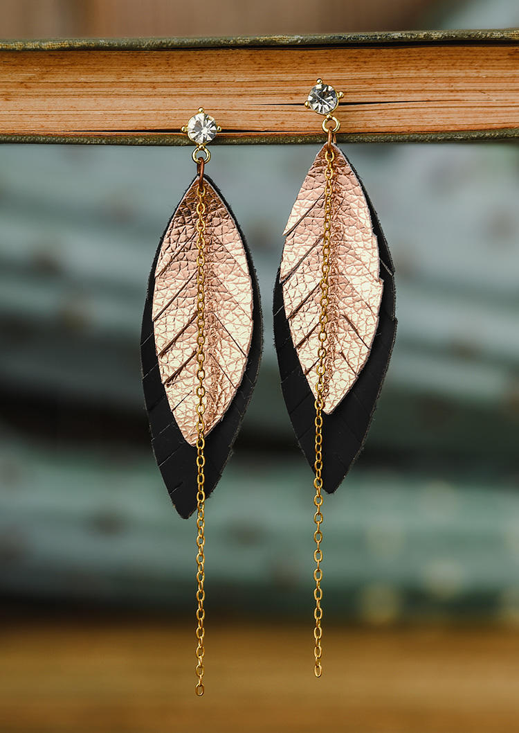 

Feather Chain Leather Earrings, Black, 518203