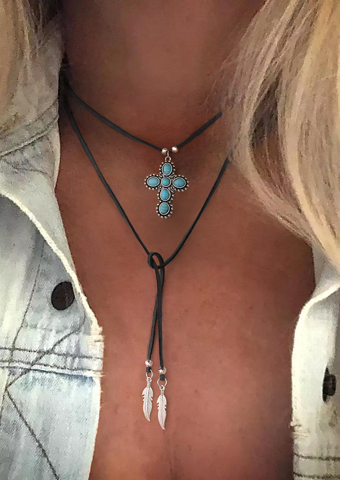 

Turquoise Cross Multi-Layered Pendant Necklace, Black, 518217