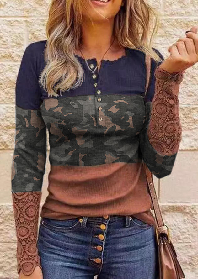 Lace Hollow Out Splicing Camouflage Button Blouse