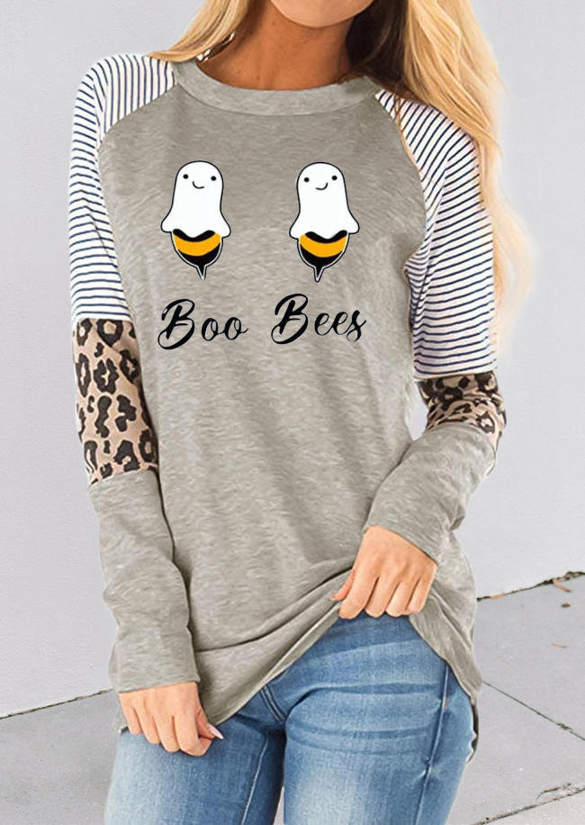 

Halloween Boo Bees Striped Leopard Long Sleeve T-Shirt Tee, Multicolor, 518289