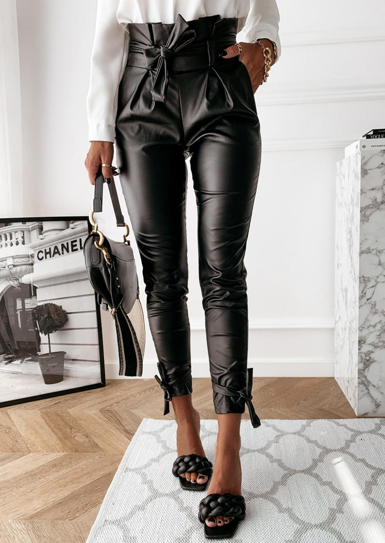 

Pocket PU Leather High Waist Pants with Belt - Black, 518316