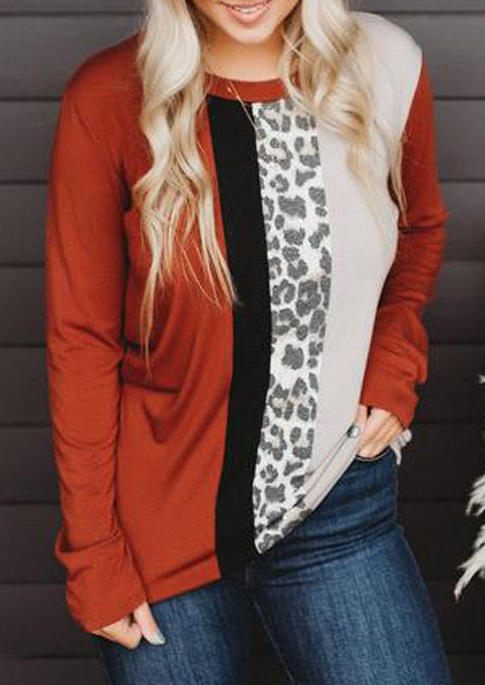 

Color Block Leopard Splicing Long Sleeve Blouse, Multicolor, 518335