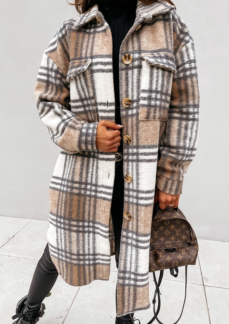 

Plaid Pocket Button Turn-down Collar Coat - Khaki, 518453