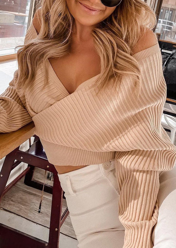 

Wrap V-Neck Long Sleeve Sweater - Khaki, 518476