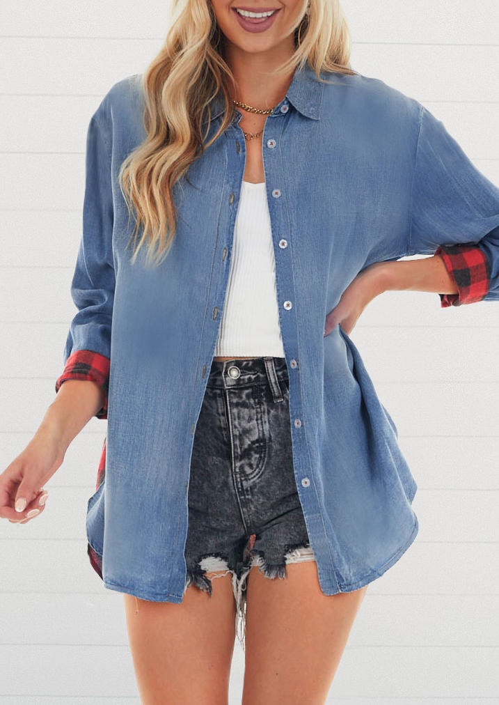 

Plaid Splicing Denim Long Sleeve Shirt - Blue, 518487