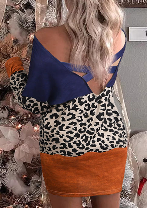 

Leopard Color Block Criss-Cross Long Sleeve Mini Dress, Multicolor, 518545