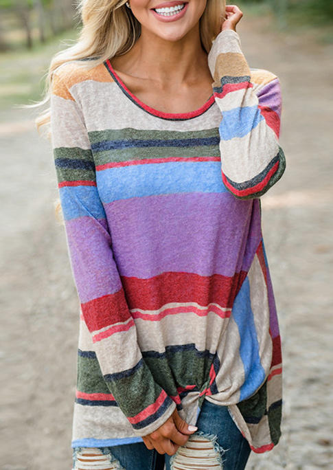 

Color Block Striped Twist Long Sleeve Blouse, Multicolor, 517721