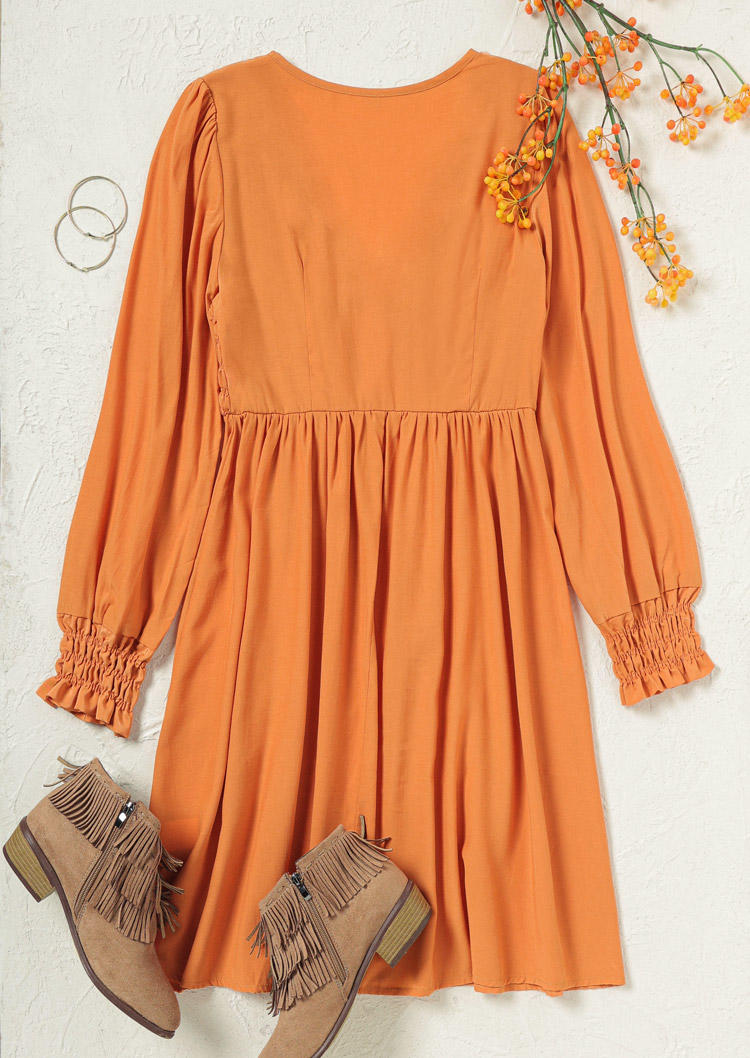 Smocked V-Neck Long Sleeve Mini Dress - Orange