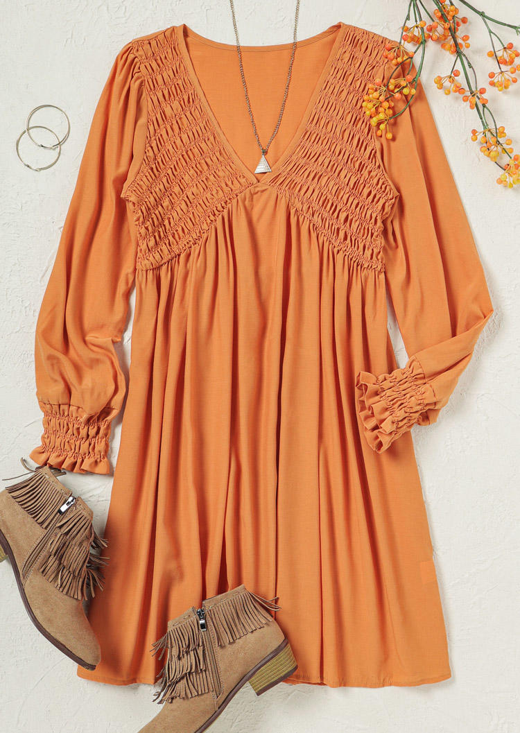 Smocked V-Neck Long Sleeve Mini Dress - Orange