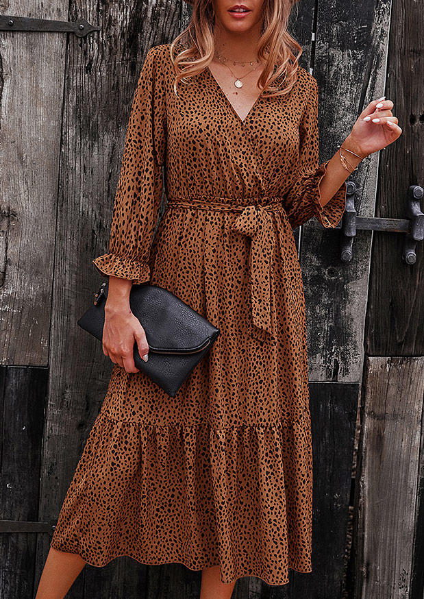 

Dot Tie Ruffled Wrap Long Sleeve Midi Dress - Brown, 518153