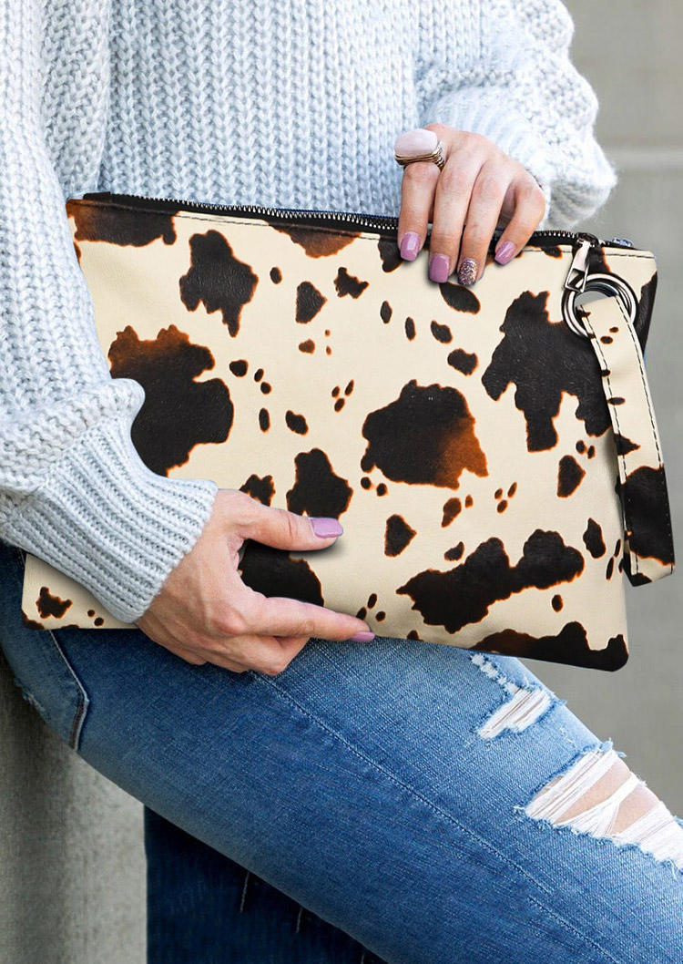

Leopard Cow Zipper Envelope Handbag, Beige, 518331