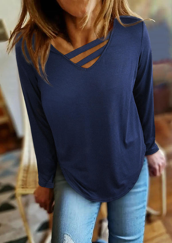 

Hollow Out Keyhole Neck Blouse - Deep Blue, 518338