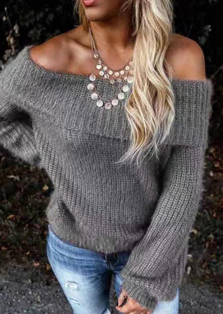 

Off Shoulder Long Sleeve Sweater - Gray, 518485