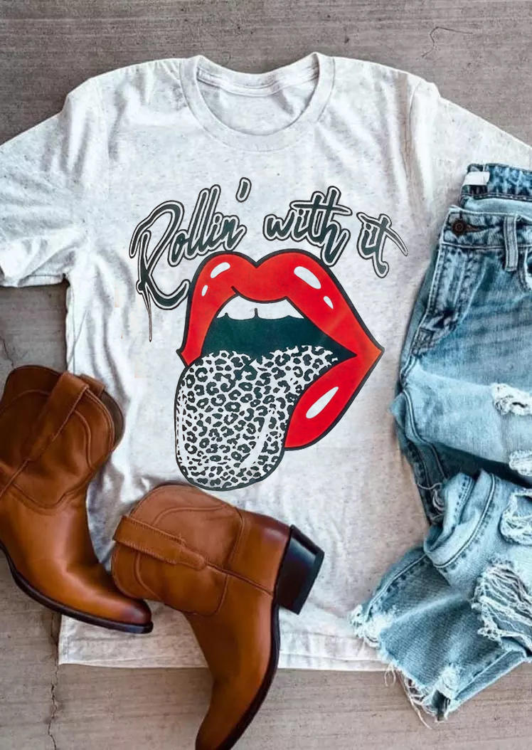 

Rollin' With It Leopard Lips T-Shirt Tee - Gray, 518570