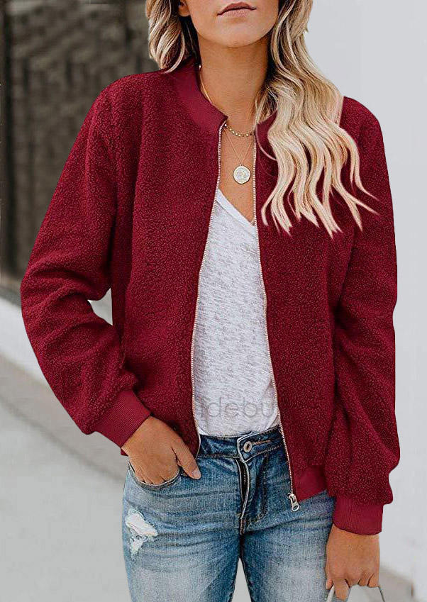 

Plush Zipper Long Sleeve Jacket - Burgundy, 518695