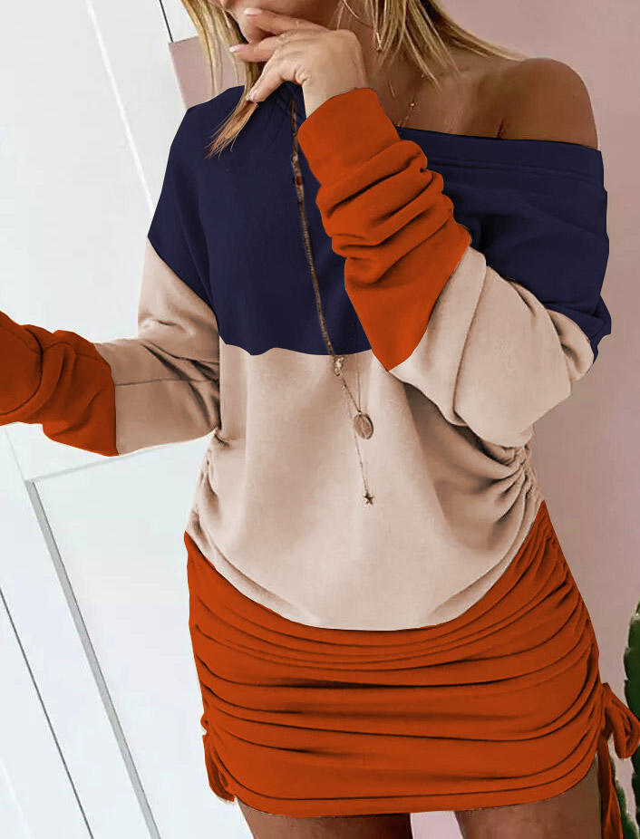 

Color Block Ruched Drawstring Long Sleeve Bodycon Dress, Multicolor, 518700