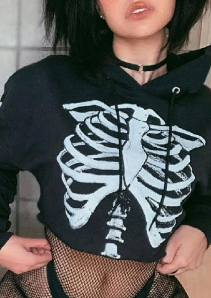 

Skeleton Long Sleeve Crop Hoodie - Dark Grey, FZ004911