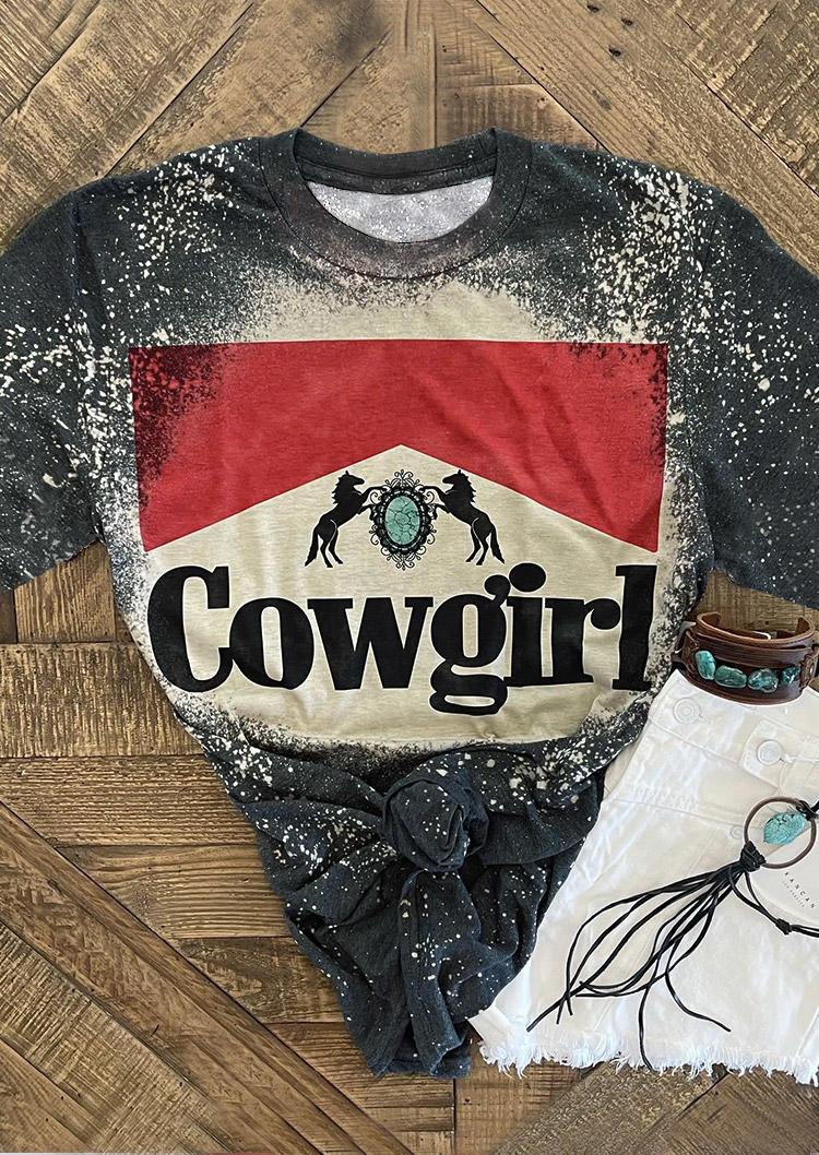 Kaufen Cowgirl Horse Turquoise Bleached T-Shirt Tee - Dark Grey. Bild