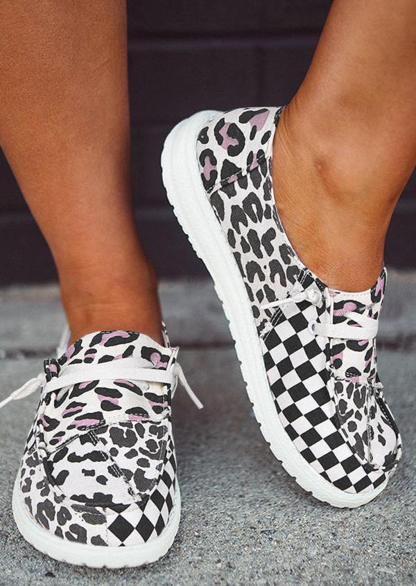 

Leopard Plaid Splicing Round Toe Flat Sneakers - White, 516525