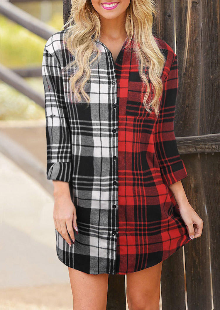 Plaid Color Block Pocket Button Shirt Mini Dress