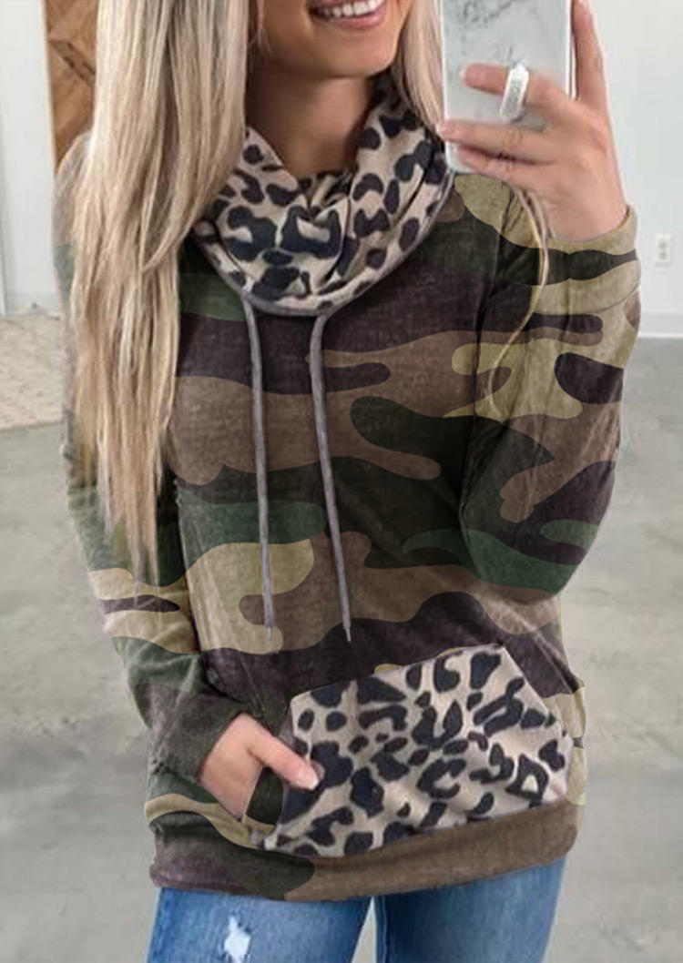 

Camouflage Leopard Kangaroo Pocket Cowl Neck Sweatshirt, Multicolor, 517927