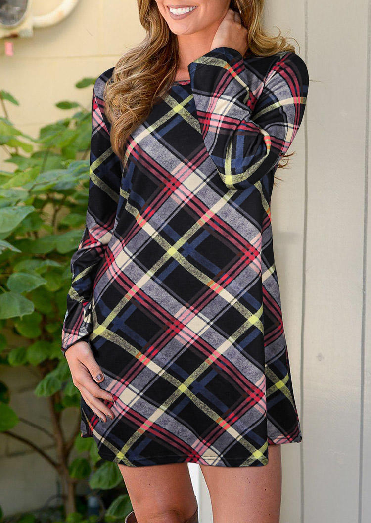 

Plaid O-Neck Long Sleeve Mini Dress, Multicolor, 518057