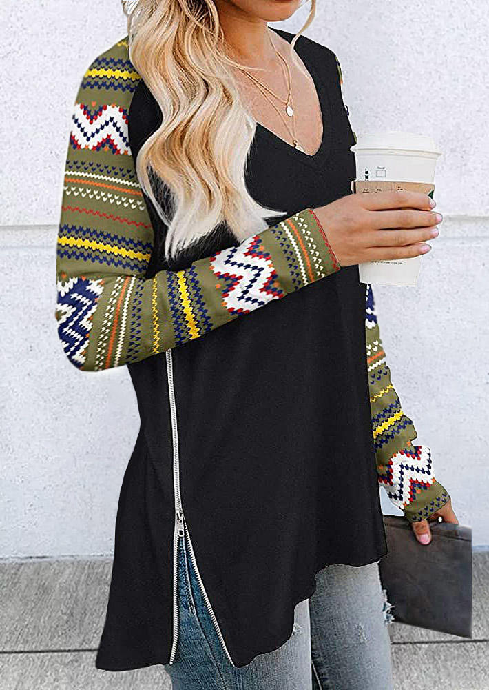 

Aztec Geometric Zipper V-Neck Long Sleeve Blouse - Black, 518250