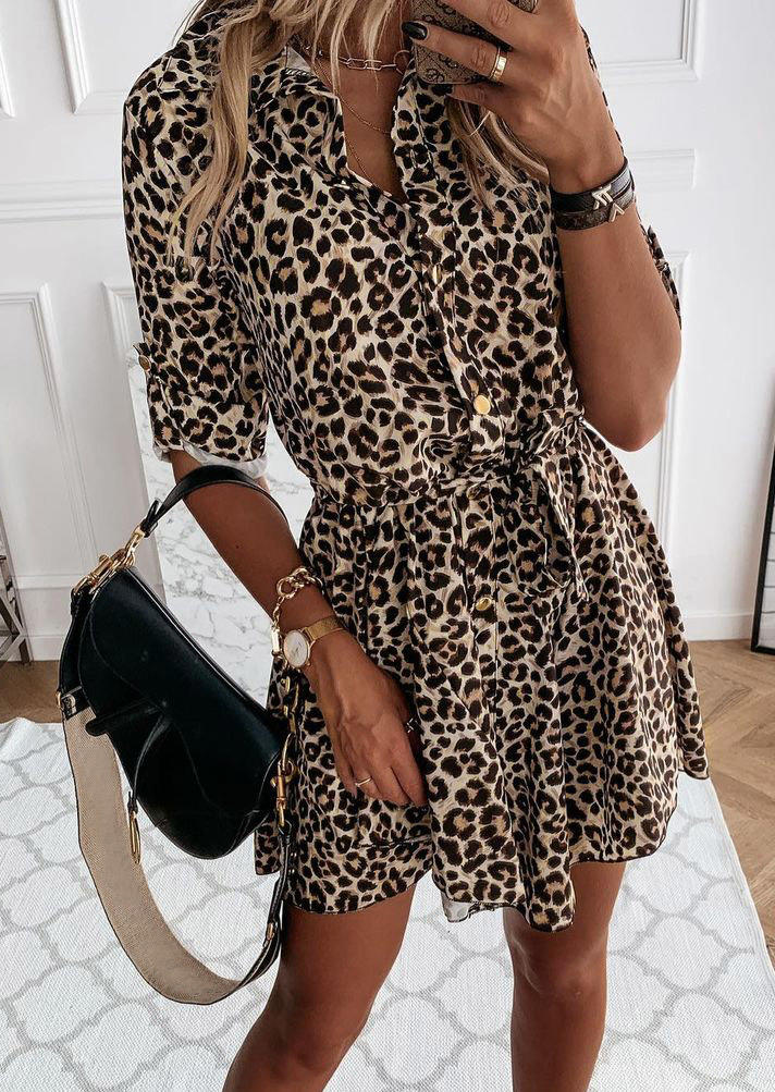 

Leopard Button Turn-down Collar Mini Dress, 518260