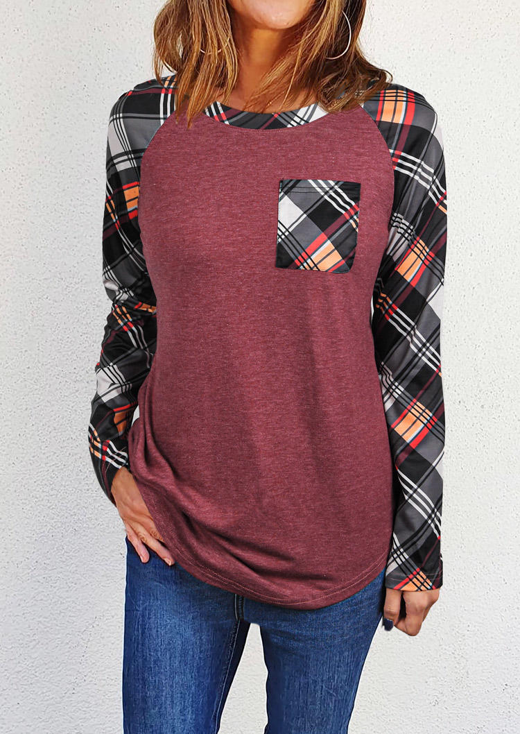 

Plaid Pocket Raglan Sleeve Blouse - Cameo Brown, 518321