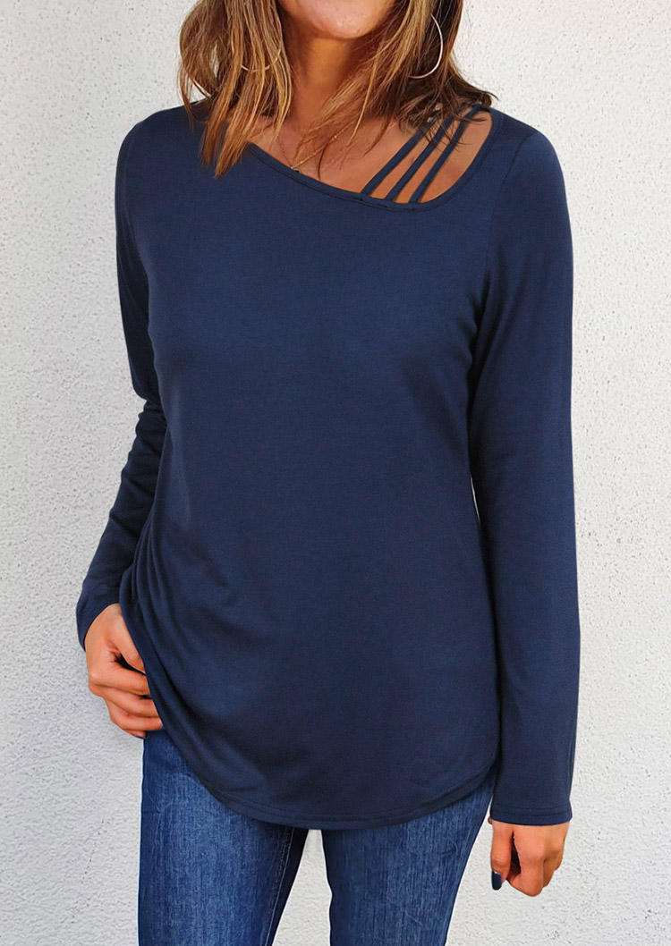 

Hollow Out Long Sleeve Casual Blouse - Deep Blue, 518348