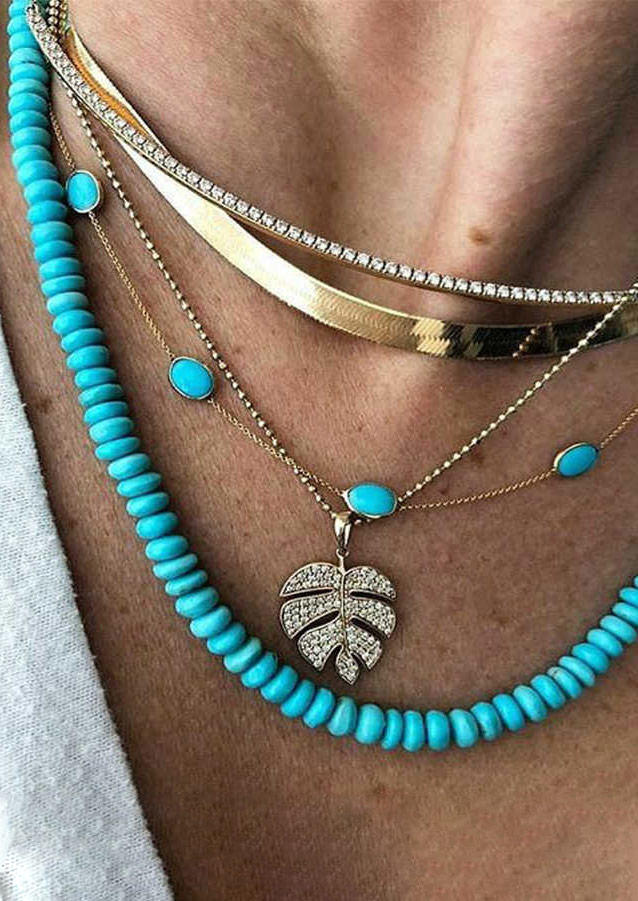 

Palm Leaf Turquoise Beading Multi-Layered Necklace, Cyan, 518359