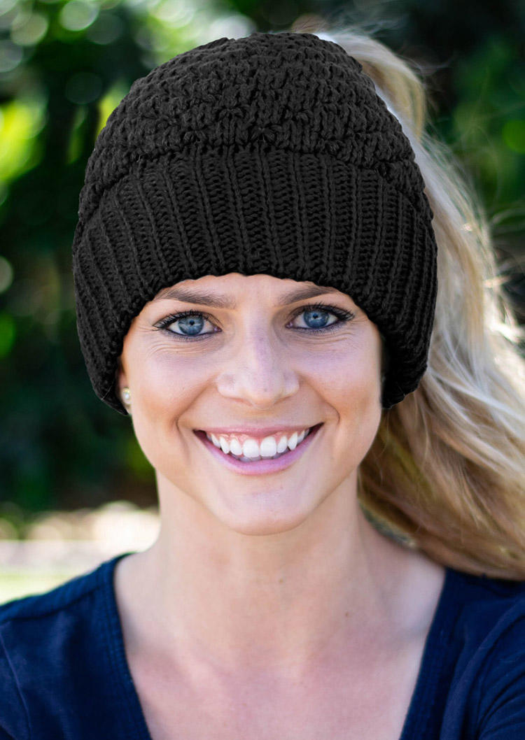 

Knitted Hollow Out Warm Beanie Hat, Black, 518391