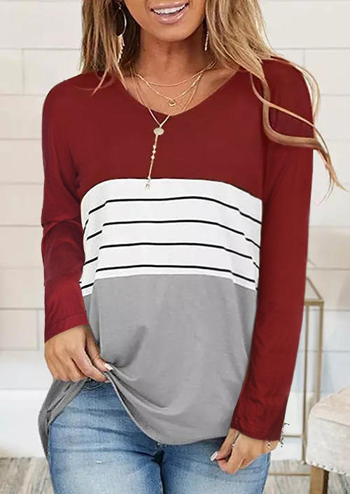 

Color Block Striped Long Sleeve Blouse - Burgundy, 518417