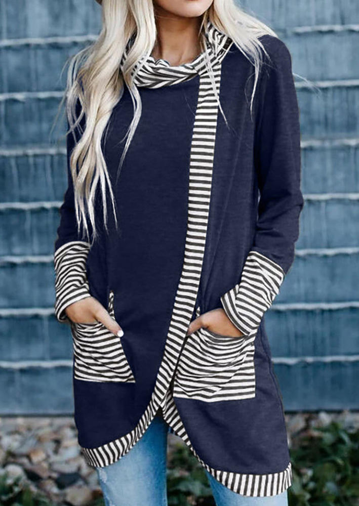 

Striped Pocket Cowl Neck Blouse - Deep Blue, 518461