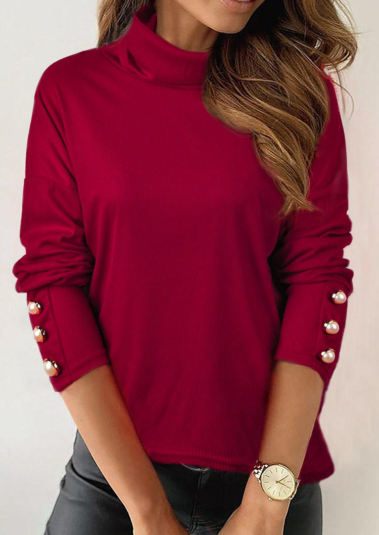 

Button Knitted Turtleneck Long Sleeve Blouse - Burgundy, 518497