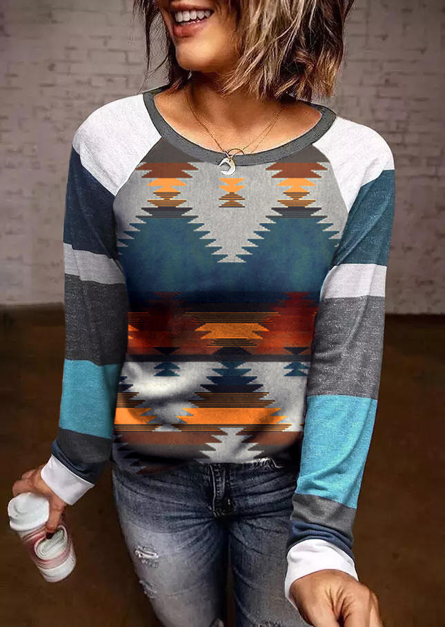 

Aztec Geometric Color Block Raglan Sleeve Blouse, Multicolor, 518693