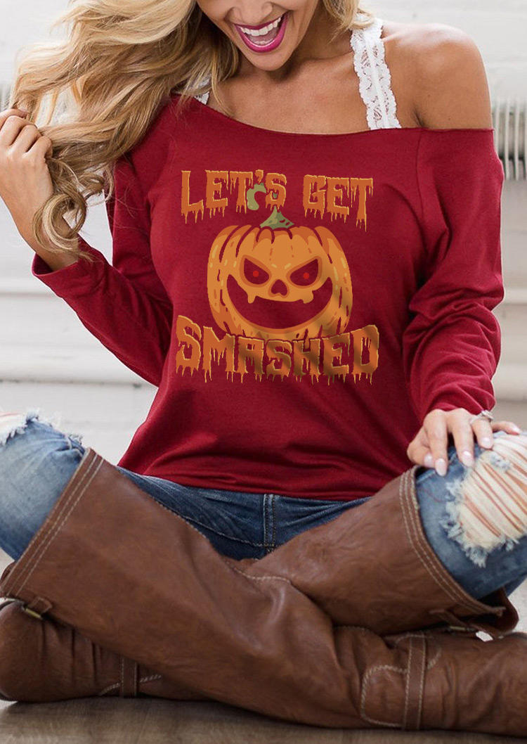 Halloween Let's Get Smashed Pumpkin Face Sweatshirt - Burgundy 518765