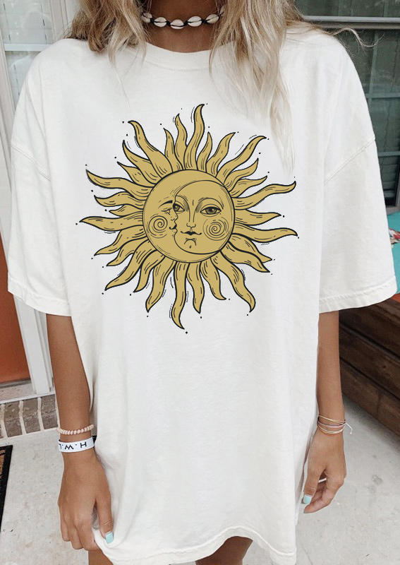 

Sun And Moon O-Neck T-Shirt Tee - White, 518818