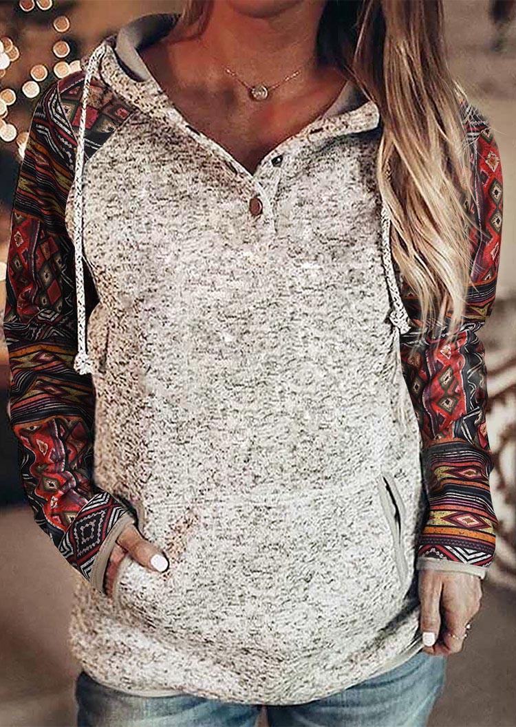 

Aztec Geometric Button Pocket Drawstring Hoodie - Gray, 517492