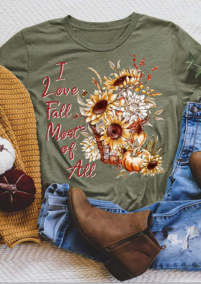 I Love Fall Most Of All Sunflower Pumpkin T-Shirt Tee - Army Green