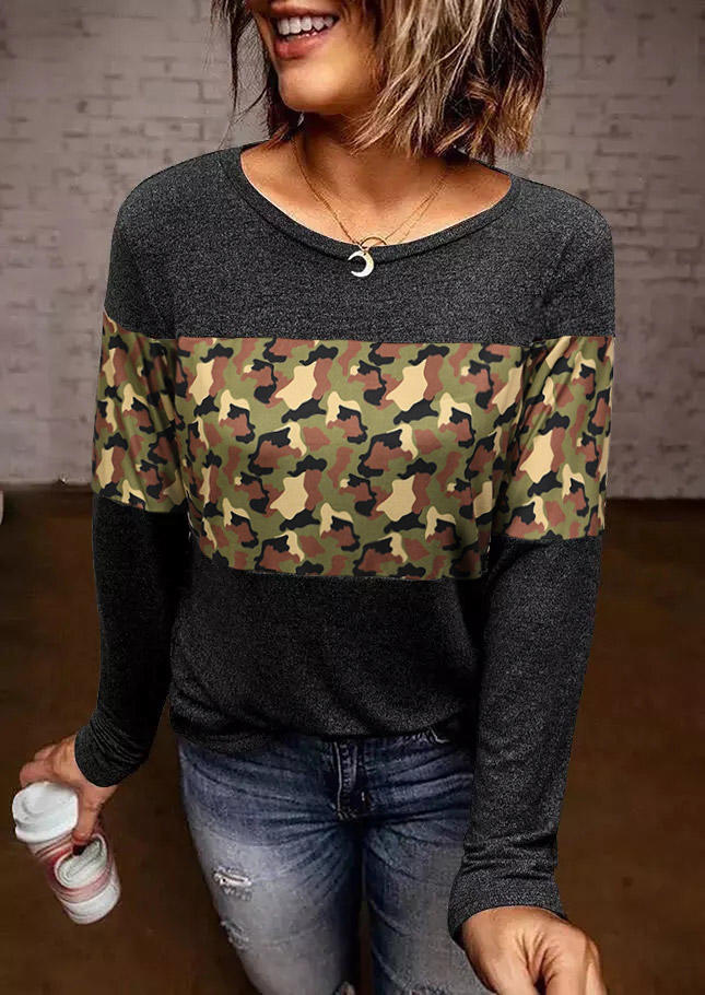 

Camouflage Splicing Long Sleeve Blouse - Dark Grey, 518254