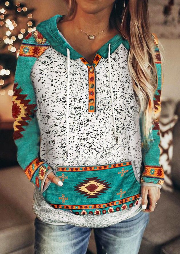 

Aztec Geometric Splicing Kangaroo Pocket Button Hoodie, Multicolor, 518261
