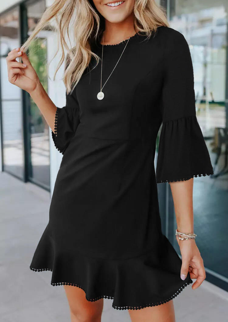

Ruffled Pom Pom Trim Dip Hem Mini Dress - Black, 518296