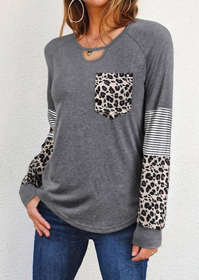 

Hollow Out Leopard Striped Splicing Pocket Blouse - Gray, 518327