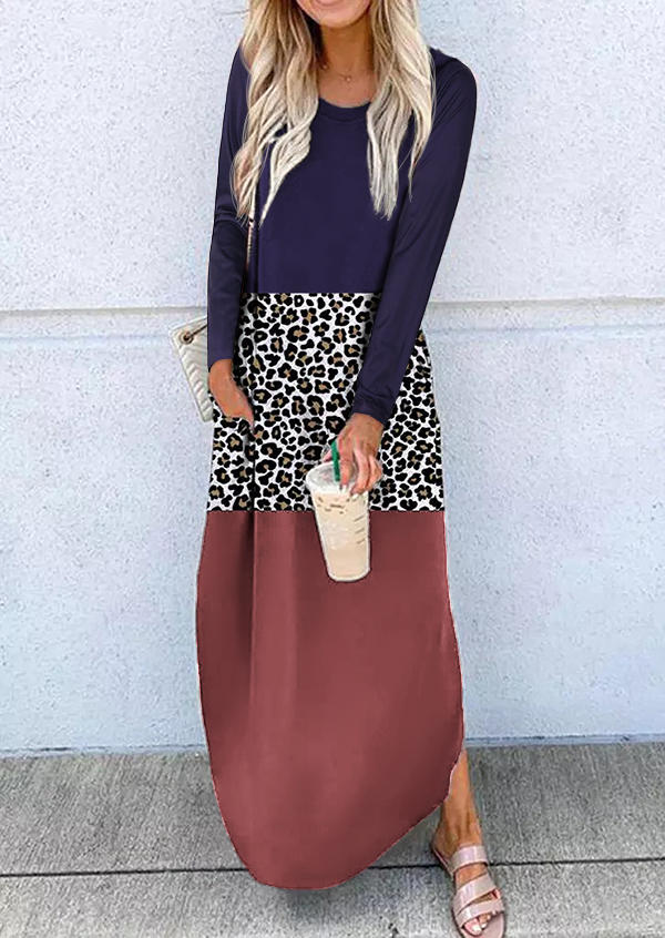 

Color Block Leopard Pocket Long Sleeve Maxi Dress, Multicolor, 518330