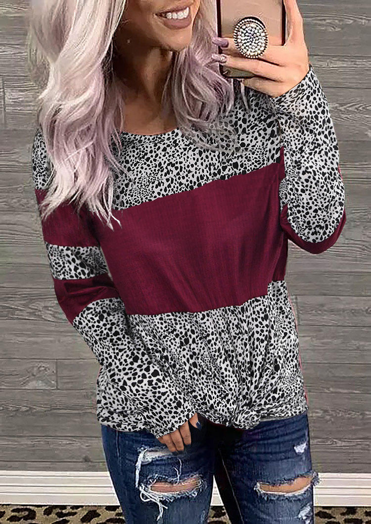 

Leopard Splicing Long Sleeve O-Neck Blouse, Multicolor, 518340